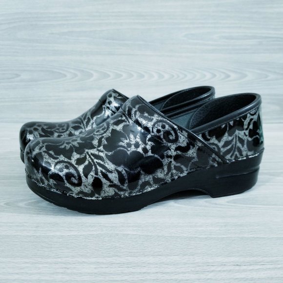 Dansko Clogs Professional Womens Silver Black Floral Patent EU 40 Shoe